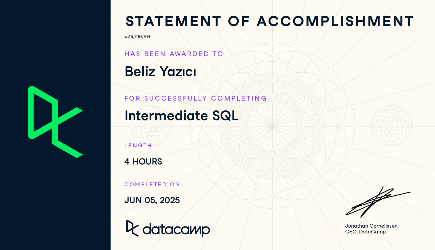 Intermediate SQL Certificate